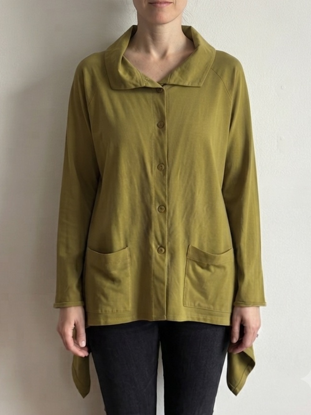 Kaliyana Sz M Relaxed Green Button Front Lagenlook Cotton Light Jacket
